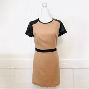 Club Monaco Camel Wool Black Leather Shift Dress